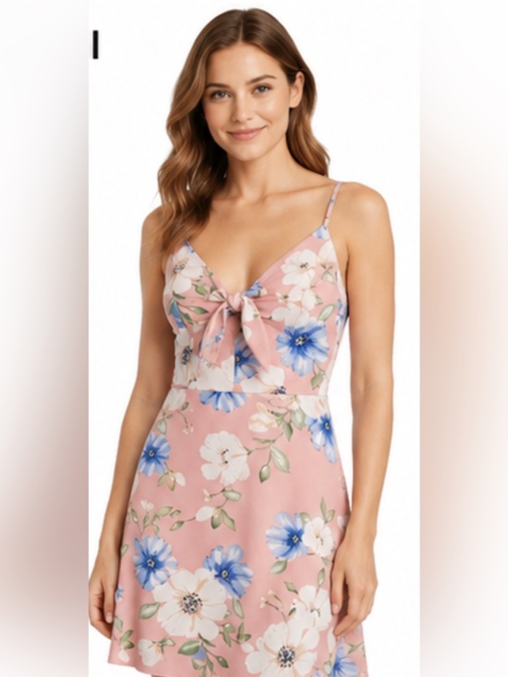 Xhilaration Pink Floral Tie-Front Slip Dress with Blue Accents size xs